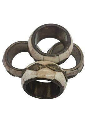 Set Of 4 Vintage Brass & Bone Napkin Rings With Leaf Details Rustic Accents